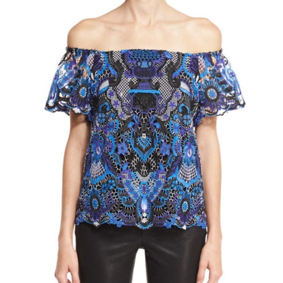 Alice + Olivia Tops - Alice + Olivia Maxie Off The Shoulder Blue, Black & Purple Guipure Lace Blouse